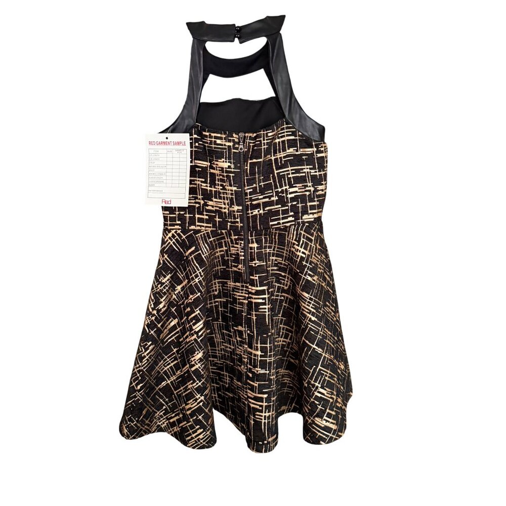 Miss Behave Girls Black & Gold Textured Halter Dress Size 10 With Faux Leather D - Picture 2 of 5